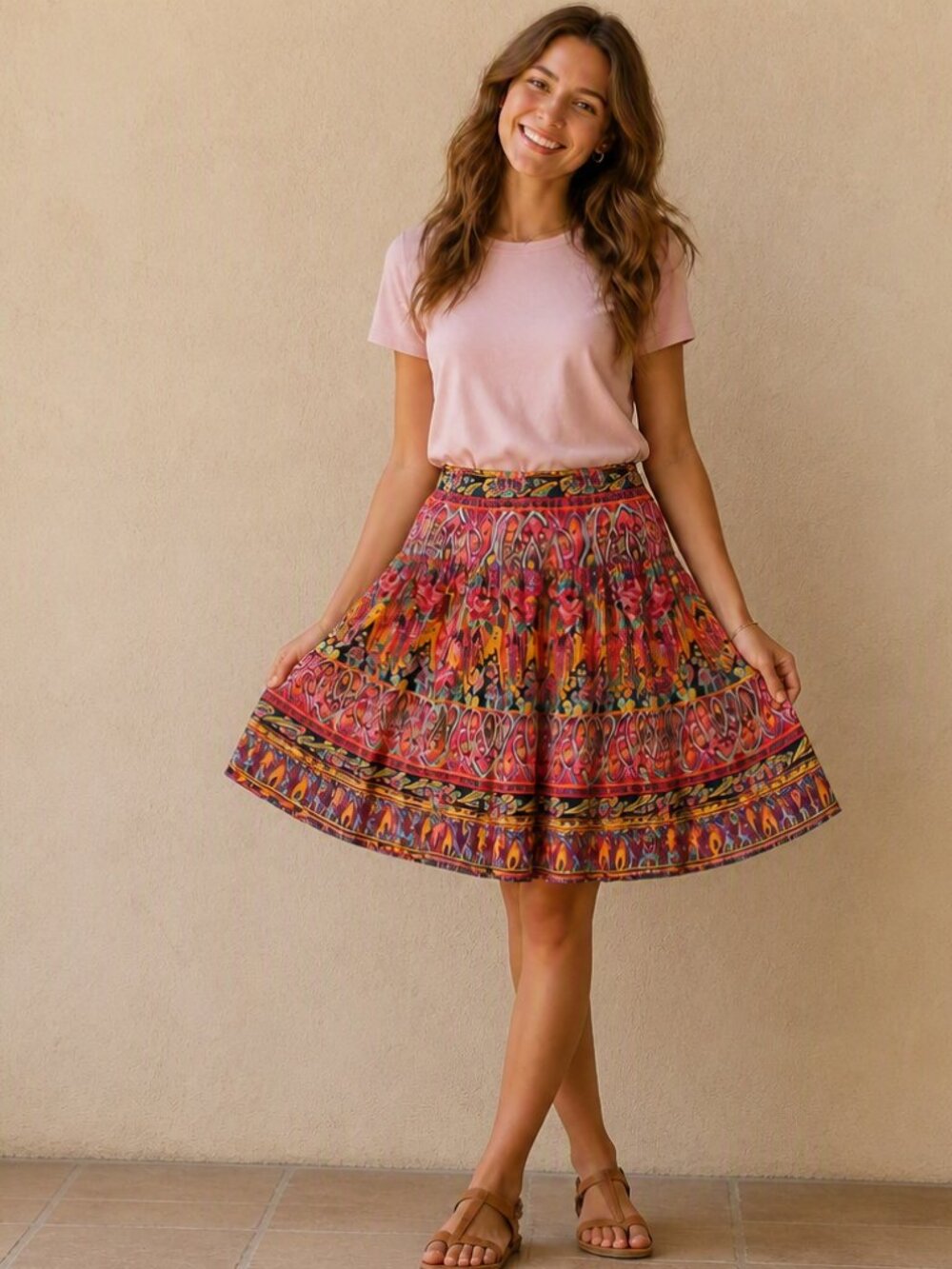 Vintage Carole Little Sport Cotton Skirt, Multicolor Ethnic Print, Size XL